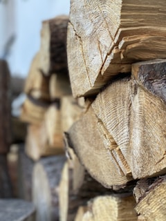 A close-up of stacked firewood with visible grain patterns and rough textures. The logs are cut with even ends, showing a light brown color on the cut surfaces and darker bark.