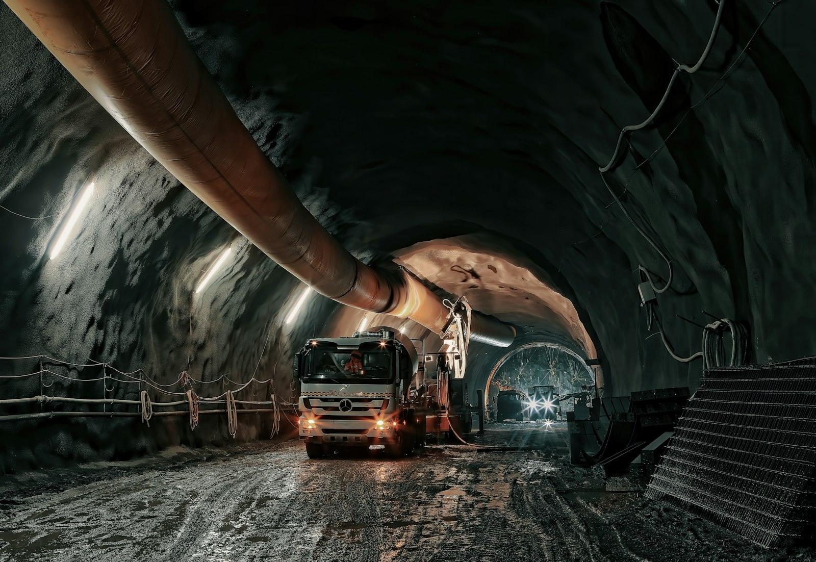 A construction truck at work inside a dark tunnel with a large ventilation duct running overhead.