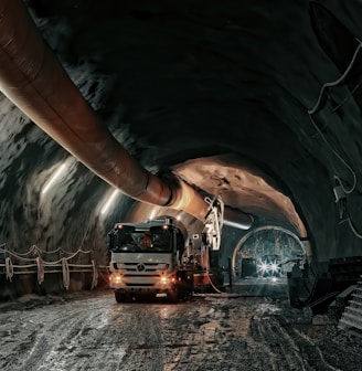 red and black truck in tunnel