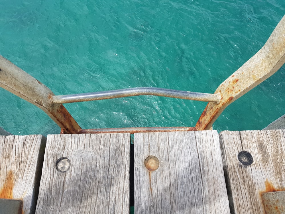 brown wooden dock with green water