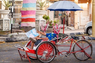 person in blue shirt sitting on red and blue wheelchair