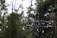 A drone is captured in mid-flight, surrounded by a backdrop of lush green foliage. The drone is dark gray with rotors spinning and a camera attached to its front.