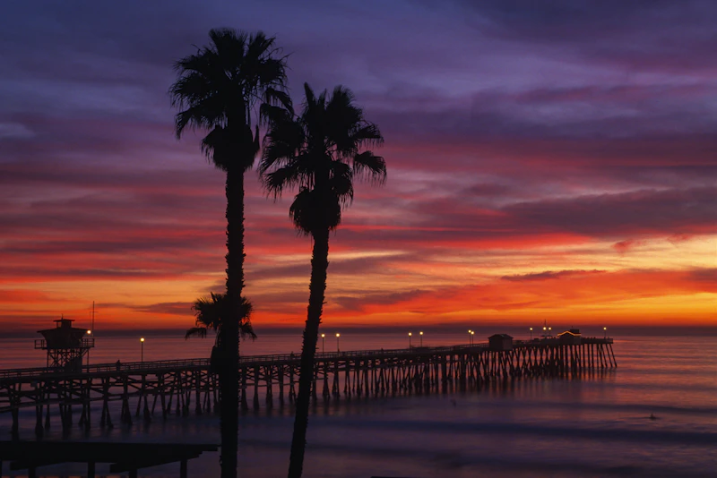 The San Clemente Pier at sunset with palm trees in silhouette