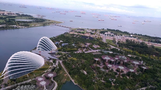 A stunning view of the waterfront and grand central garden.