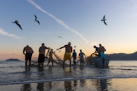 A group of people are working together in shallow water near the shore, pulling in a large fishing net. Several birds are flying overhead, silhouetted against the colorful sky at either dawn or dusk. The horizon shows distant mountains and calm seas reflecting the soft light.