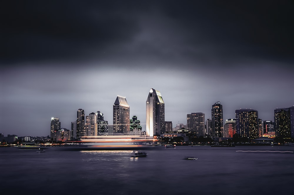 city skyline during night time