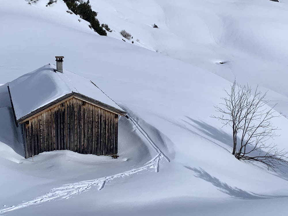 brown wooden house on snow covered ground during daytime