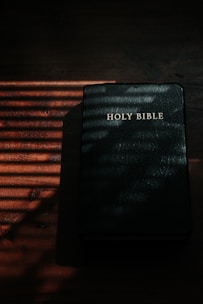 black and white Holy Bible on brown wooden table