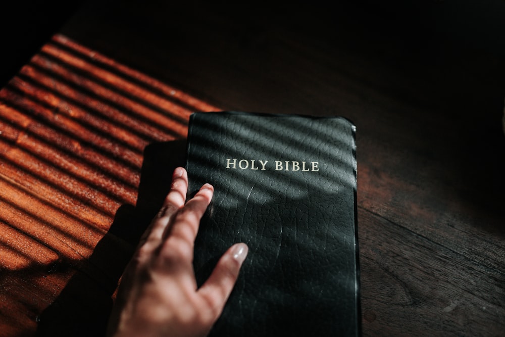 person holding black leather book