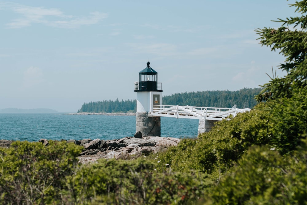 white and brown lighthouse near body of water during daytime