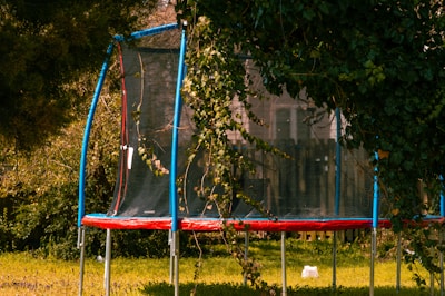red and blue trampoline with net