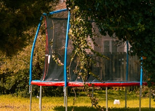 red and blue trampoline with net