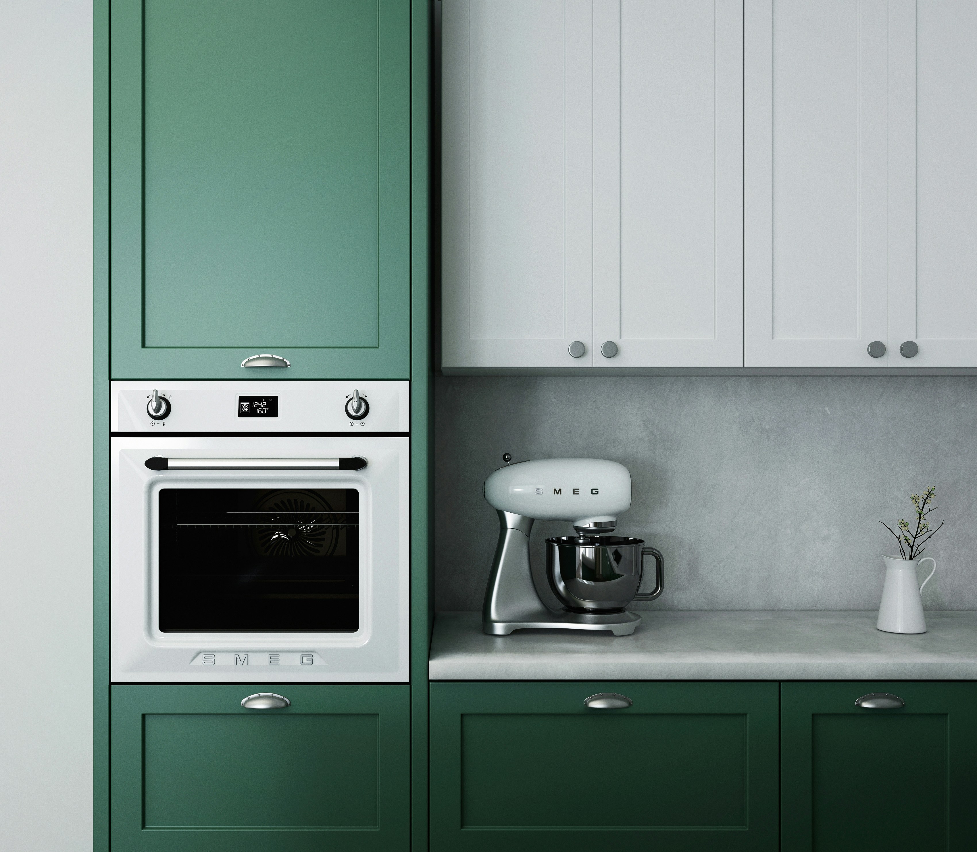 Kitchen with green cabinets. Modern and vintage design.