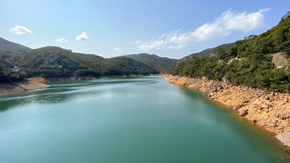 昼間の青空の下、山の近くの緑の湖