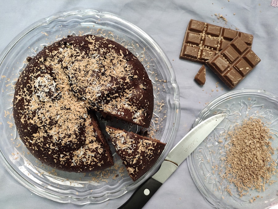 chocolate cake on clear glass plate