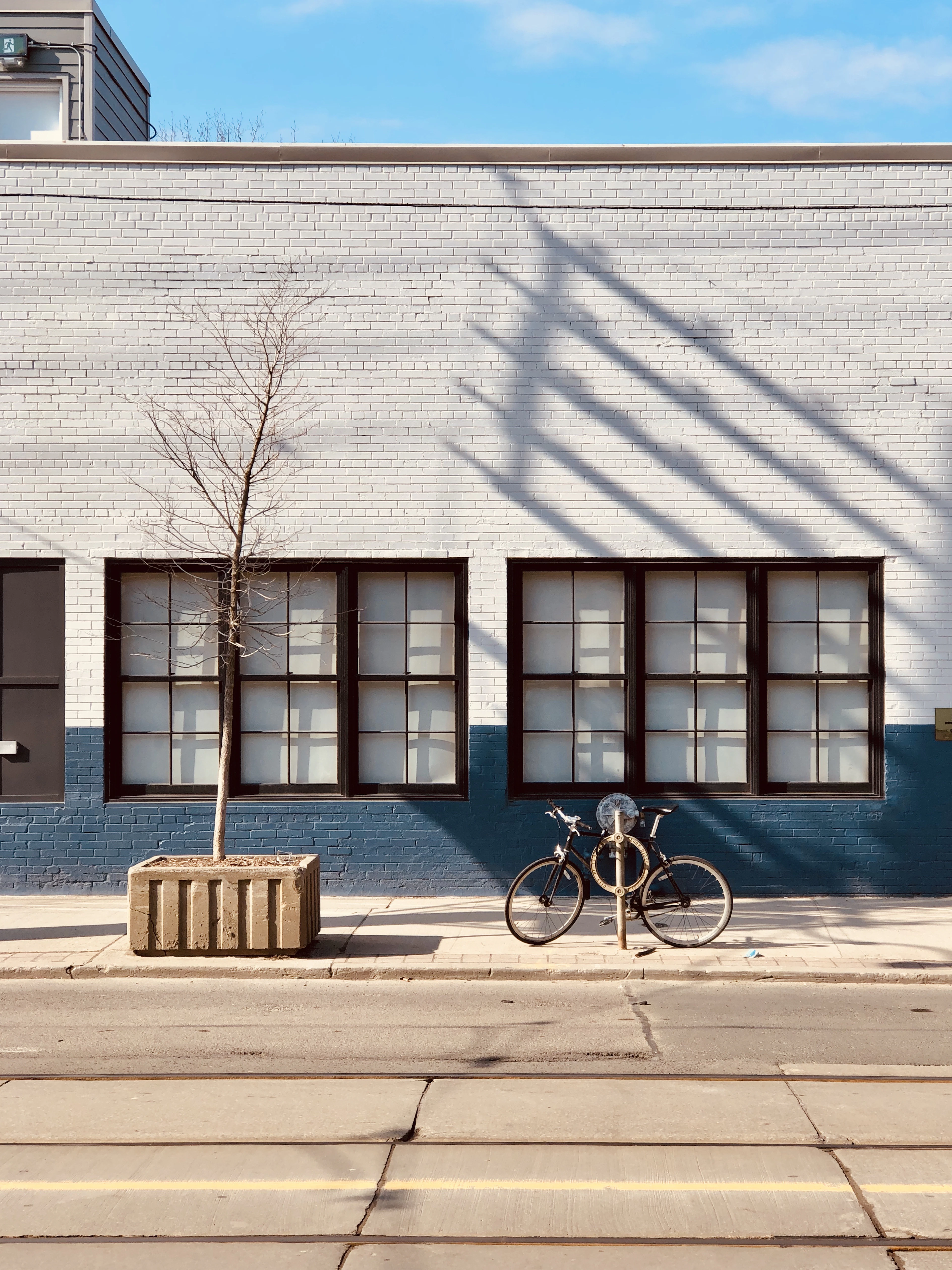 A quiet Toronto shopfront on a streetcar street: white-painted brick above a deep blue base, tall multi-pane windows, a bare sapling in a concrete planter and a bicycle locked at the kerb, with steel tracks running through the asphalt in hard winter light.