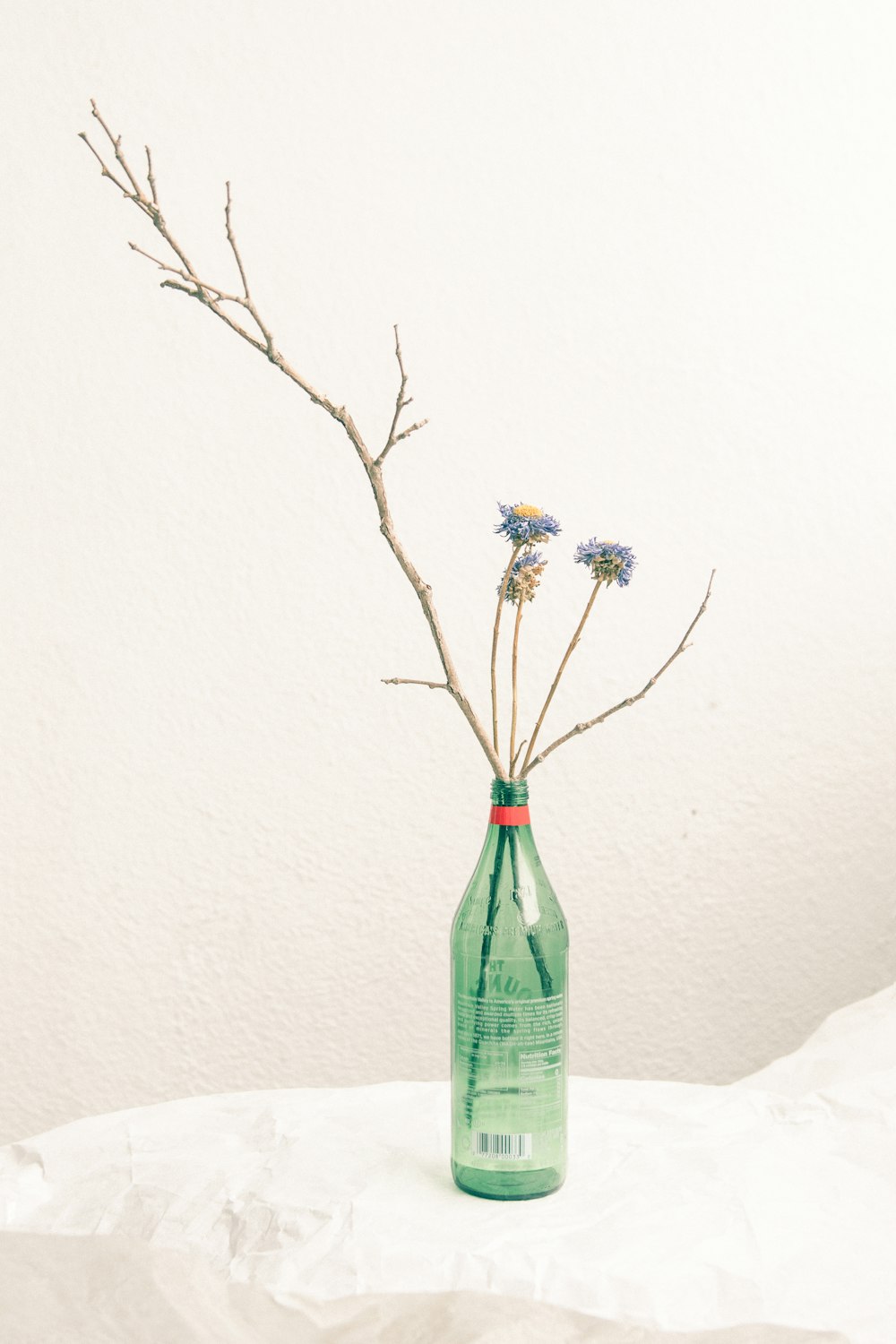 white flowers in green glass bottle