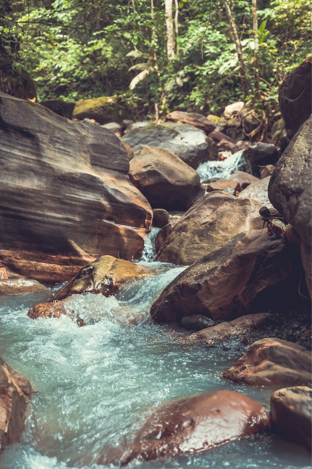 water falls between brown rocks