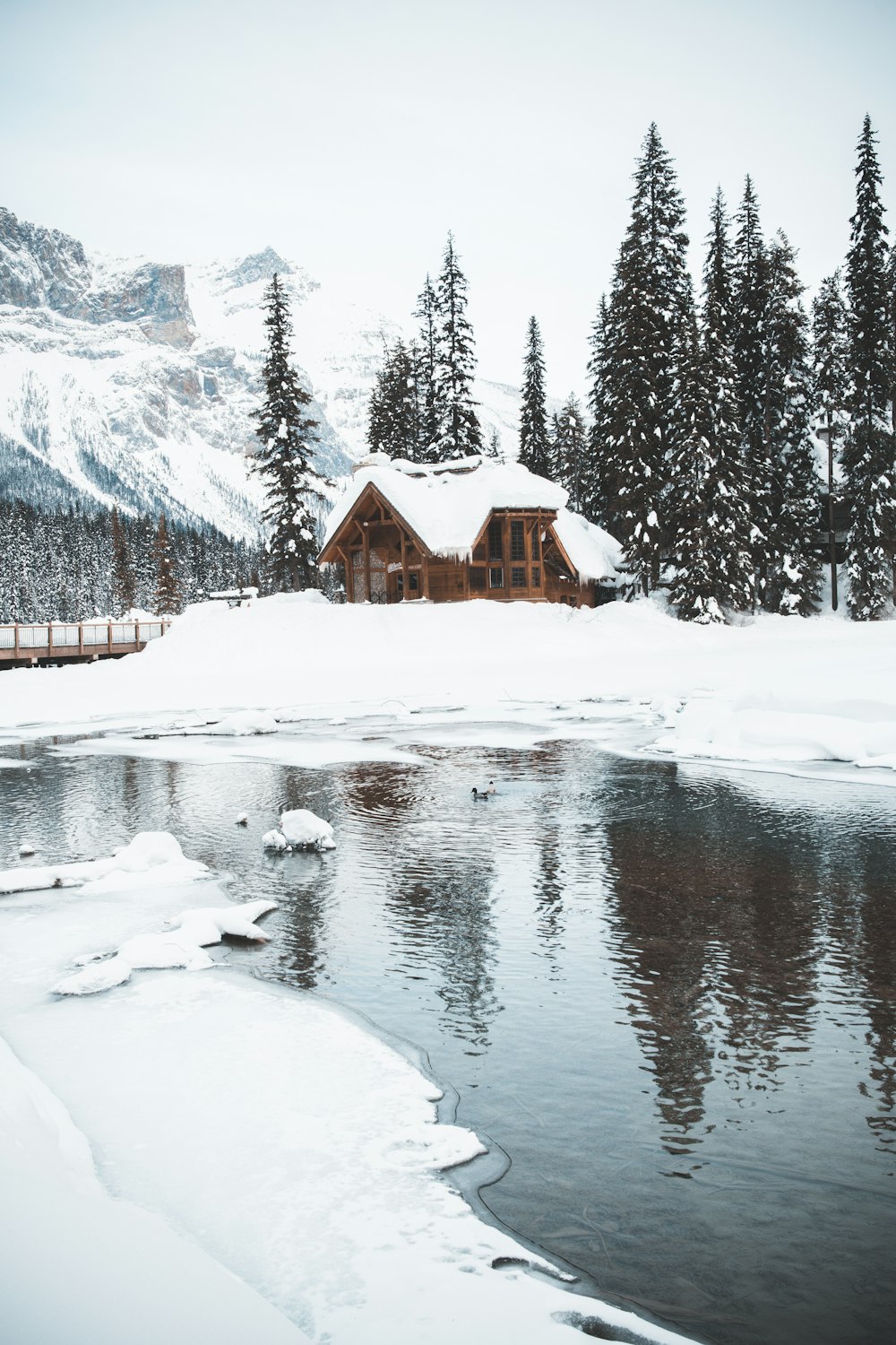 brown wooden house on snow covered ground near trees and mountains during daytime