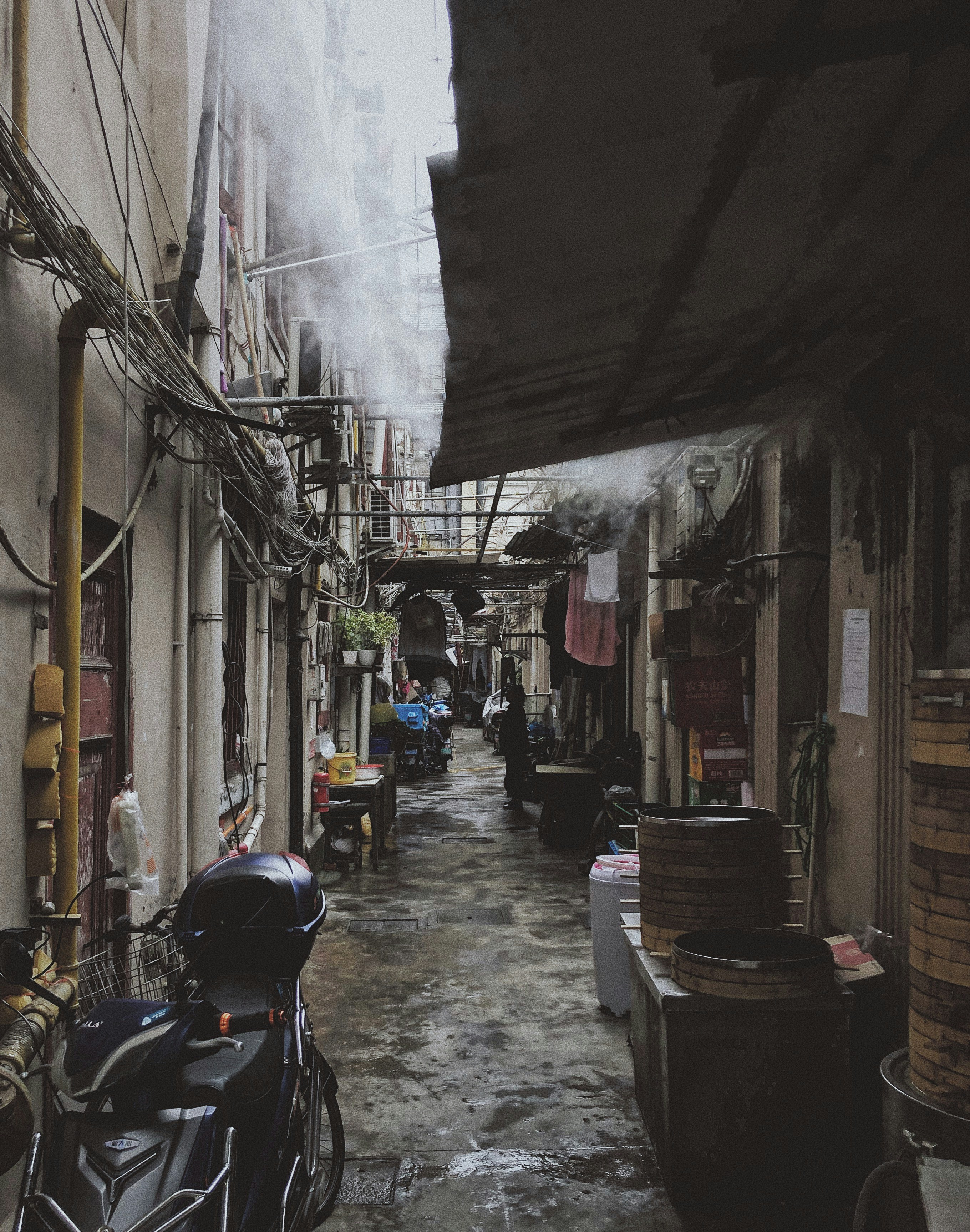 motorcycle parked beside the building
