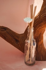 A clear glass bottle contains several wooden sticks, with a white flower-like decoration at the top. The bottle is placed against a natural wooden sculpture or piece of driftwood, set on a soft pink background.