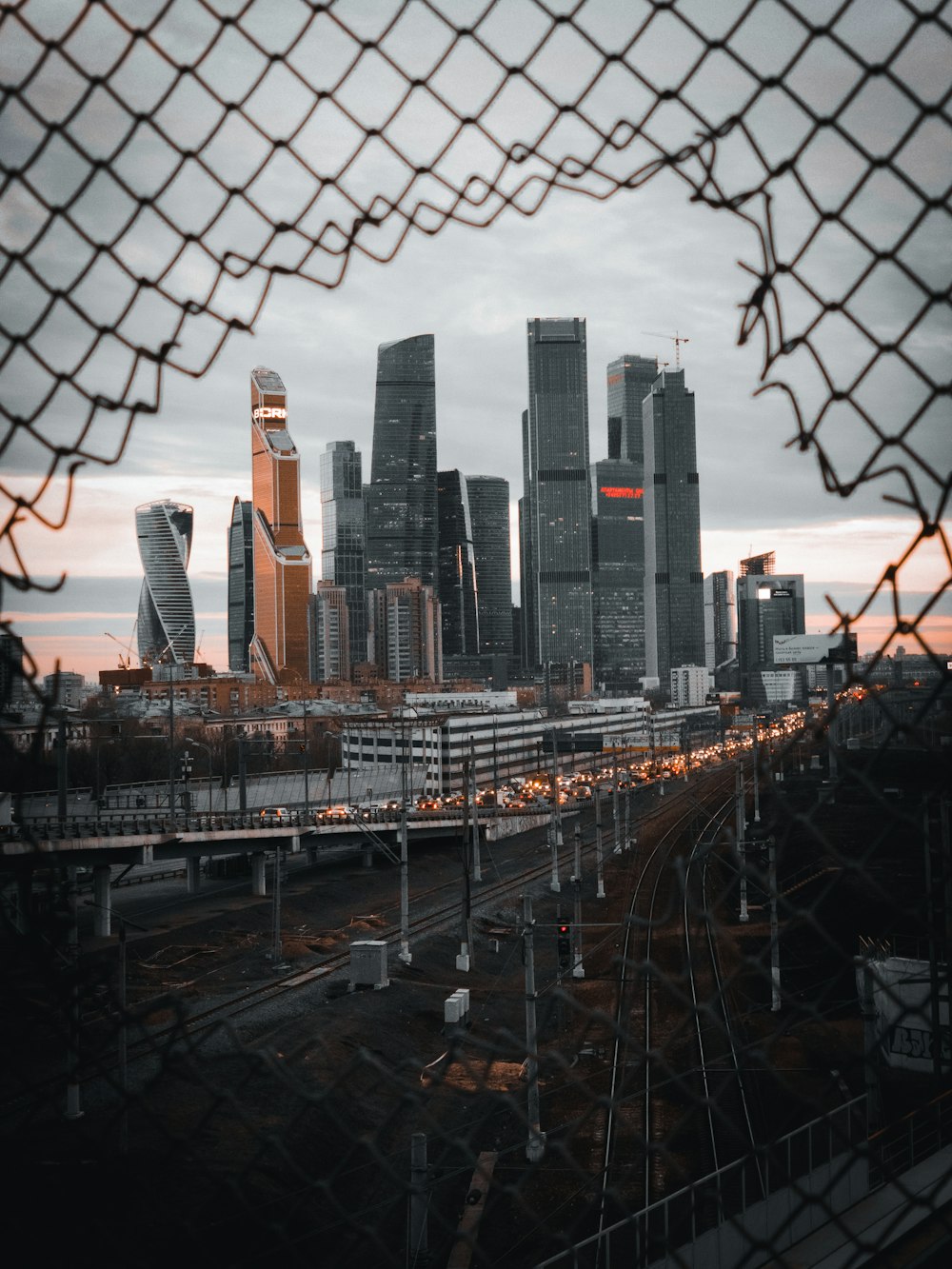 city skyline during night time