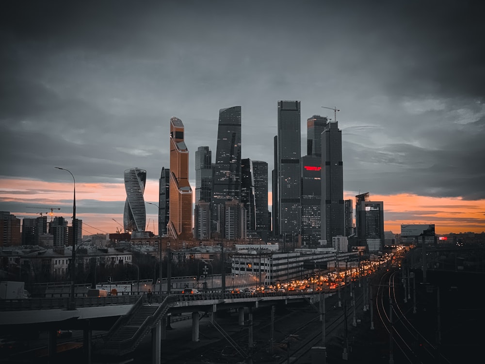 city skyline during night time