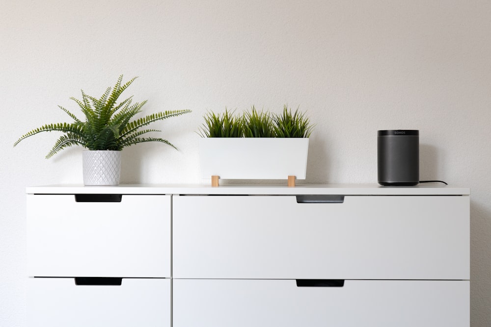 Mueble de madera blanca con planta verde en la parte superior