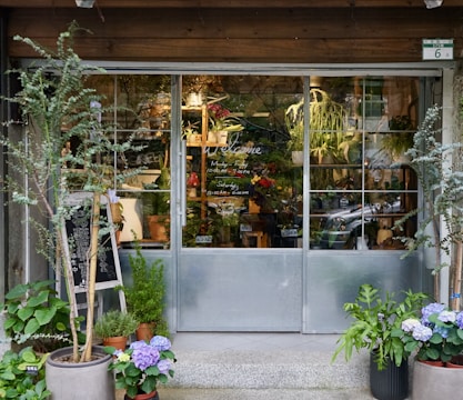 A quaint storefront with large glass doors surrounded by various potted plants, including leafy greens and colorful flowers. Inside, more plants are visible, creating a lush and inviting atmosphere. A chalkboard with writing leans against the wall to the left, adding a cozy, rustic feel.
