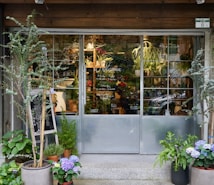 A quaint storefront with large glass doors surrounded by various potted plants, including leafy greens and colorful flowers. Inside, more plants are visible, creating a lush and inviting atmosphere. A chalkboard with writing leans against the wall to the left, adding a cozy, rustic feel.