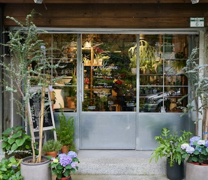 A quaint storefront with large glass doors surrounded by various potted plants, including leafy greens and colorful flowers. Inside, more plants are visible, creating a lush and inviting atmosphere. A chalkboard with writing leans against the wall to the left, adding a cozy, rustic feel.