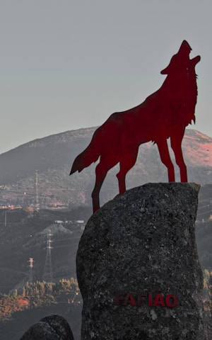 A silhouette of a howling wolf stands atop a rocky formation against the backdrop of a mountainous landscape. The figure is cut out from a reddish material that contrasts with the muted colors of the background. The word 'Fafiao' is visible on the rock.