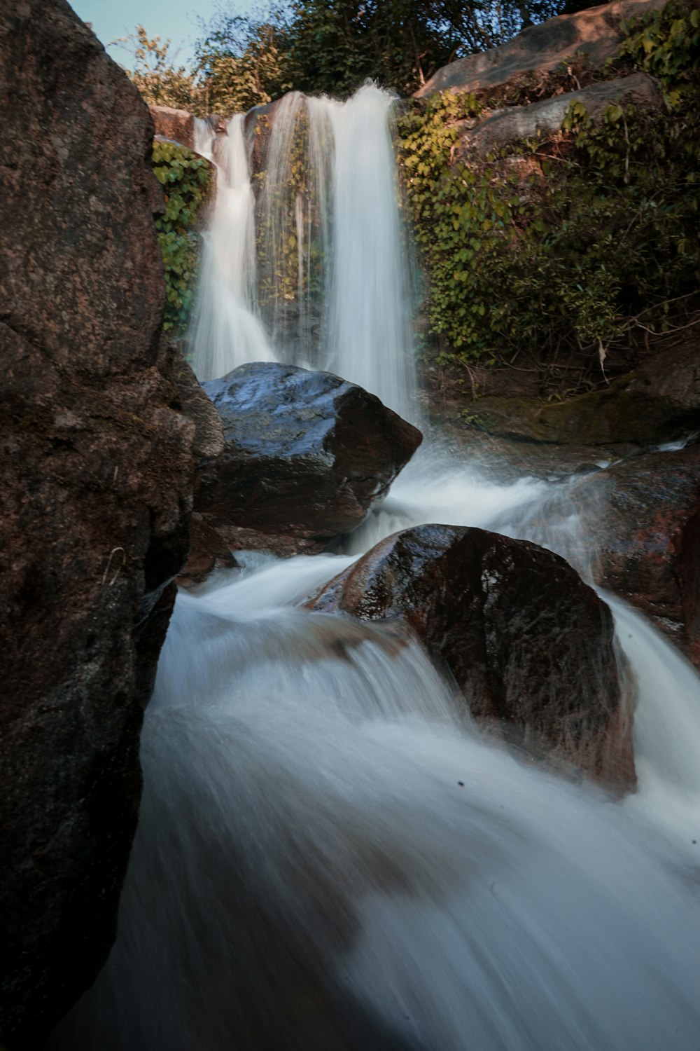 water falls in the middle of the forest