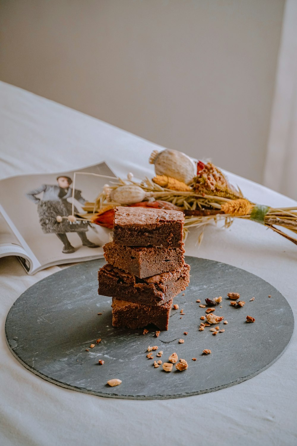 chocolate cake on black round plate