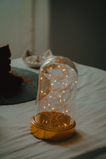 A glass dome encases delicate strands of fairy lights, emitting a soft, warm glow. The dome is set on a table, which is covered with a light-colored cloth. To the right, some white and brown items appear out of focus, possibly decorative or edible elements.