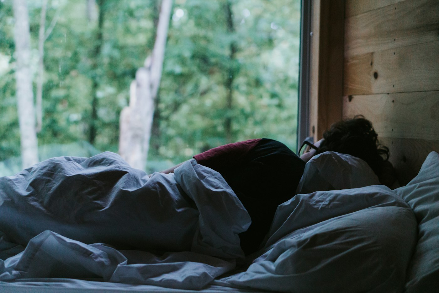 毛布をかけてベッドで眠る人