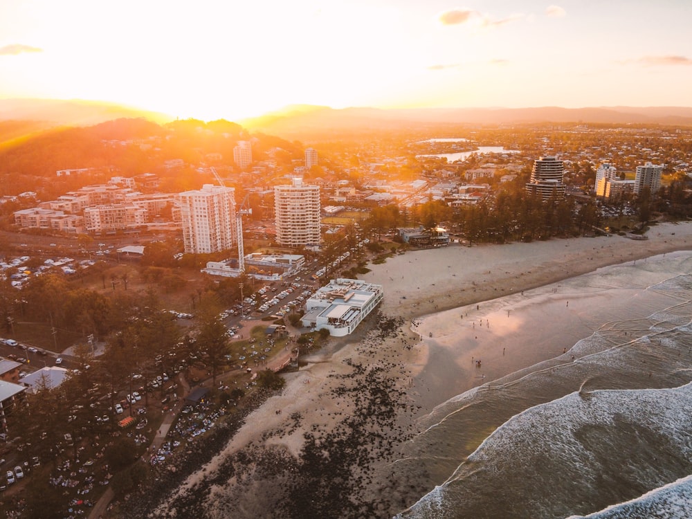 city with high rise buildings during sunset