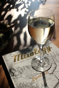 A glass of white wine is placed on a table, next to a magazine titled 'Mixology' with an artistic cover featuring illustrations of bar elements and a person. The lighting casts an intricate shadow pattern on the surface, suggesting a sunny environment.