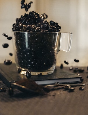 A transparent glass mug overflowing with dark roasted coffee beans is placed on top of a closed notebook. Some coffee beans are scattered around and appear to be in motion, emphasizing a sense of dynamic stillness. The scene is softly lit, casting gentle shadows.