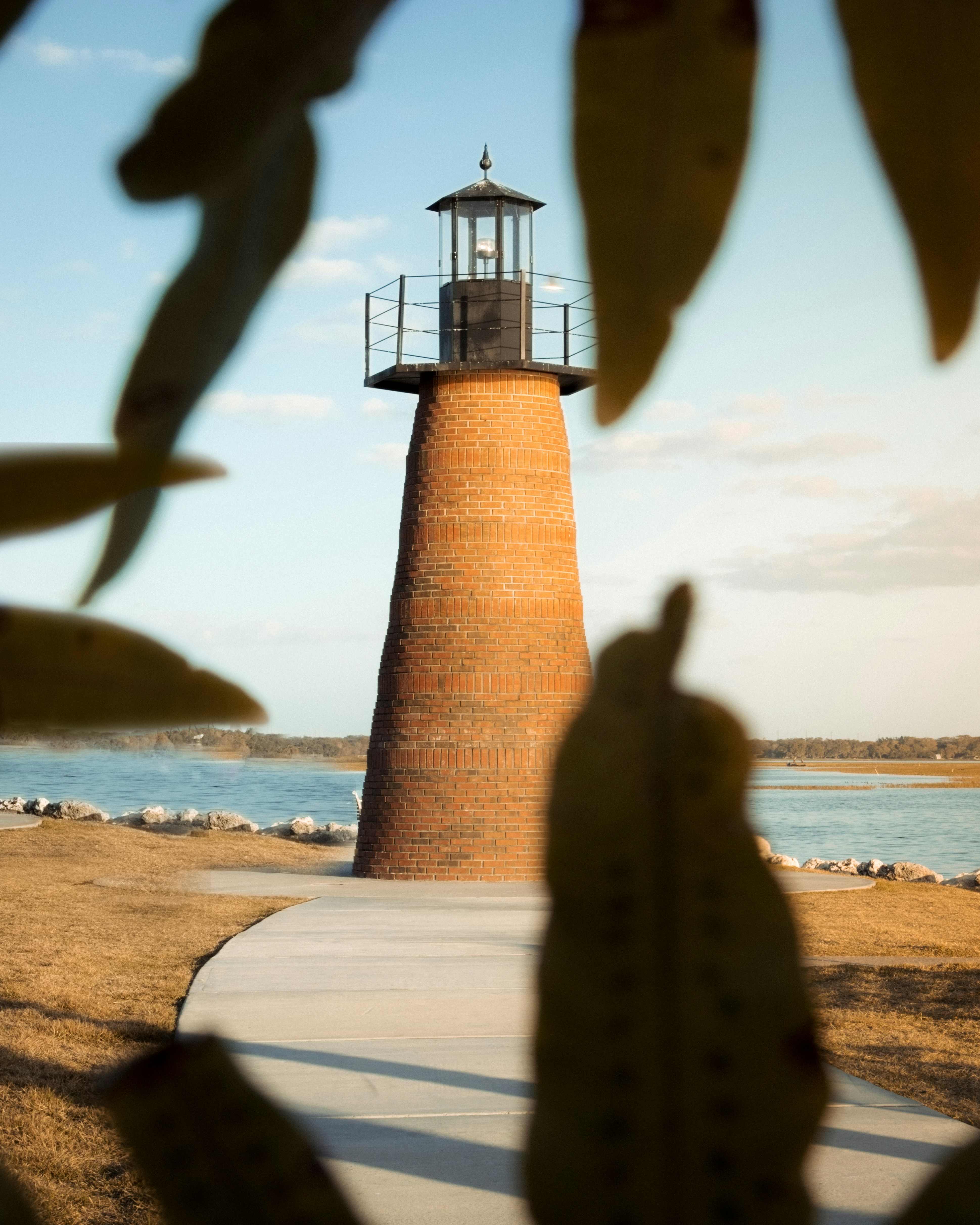Faro marrón y blanco cerca del cuerpo de agua durante el día
