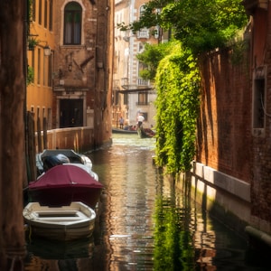 purple boat on river between brown concrete buildings during daytime