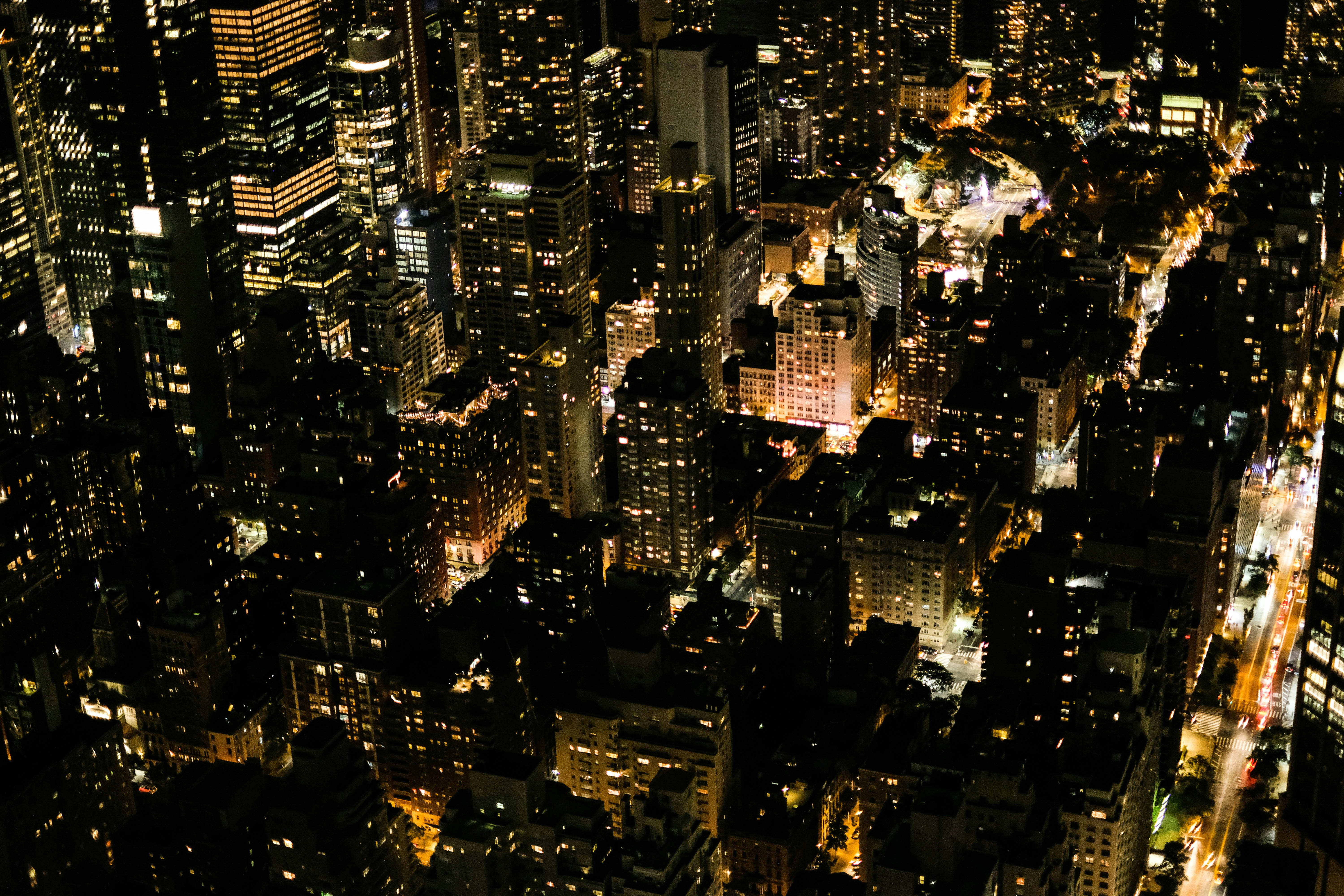 an aerial view of a city at night