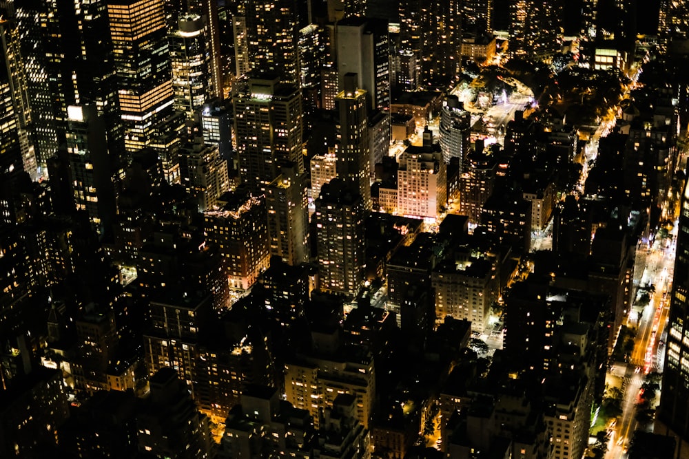 an aerial view of a city at night