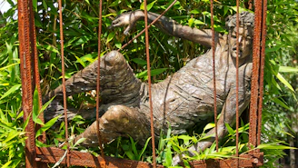 Abstract outdoor sculpture blending with natural surroundings.