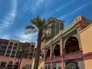 A vibrant photo of downtown Punta Gorda with palm trees and colorful storefronts under a bright Florida sky.