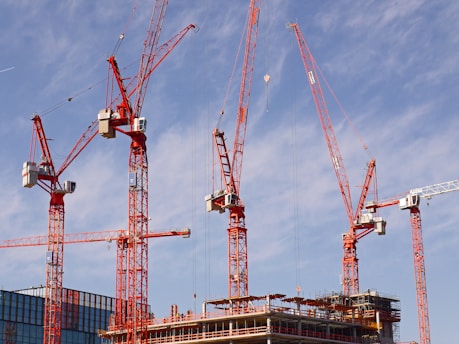 red and white crane under blue sky during daytime