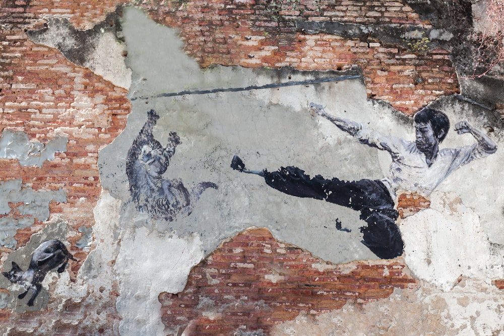 black and white bird on brown and white concrete wall