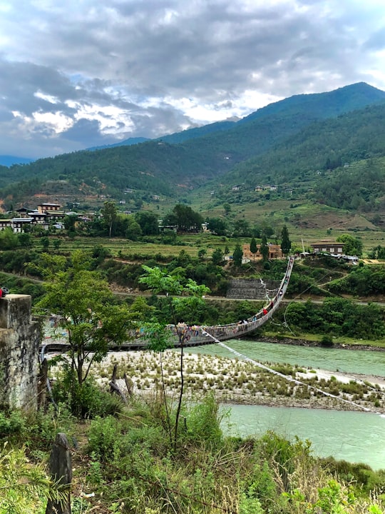 green mountain near body of water under blue sky during daytime in Punakha Bhutan