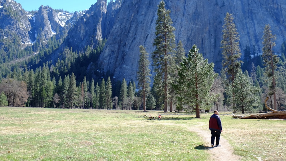 man in red jacket standing on green grass field near green trees and mountain during daytime