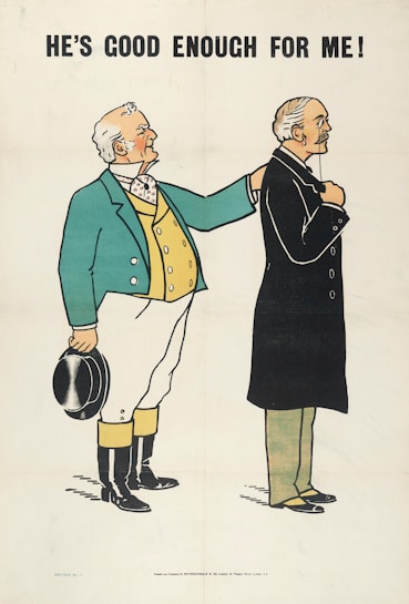A cartoon features two men in historical attire. One man with white hair, wearing a green jacket and holding a bowler hat, is placing his hand supportively on the shoulder of another older man dressed in a formal black suit. The text above them reads, 'HE'S GOOD ENOUGH FOR ME!'